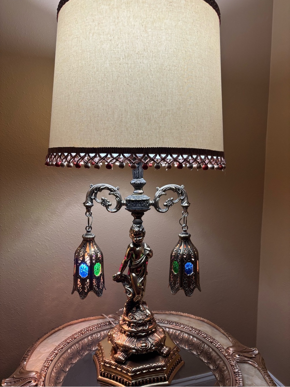 Ornate Cherub Table Lamp with Beige Shade